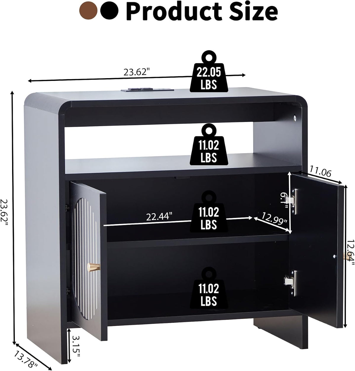 23.6" Modern Black Nightstand Set of 2 with Chariging Station 2AC+USB+Type-C, Classic Striped Side Table with Door+Storage Shelf, Rectangle End Table for Living Room, Bedroom (2, Black)