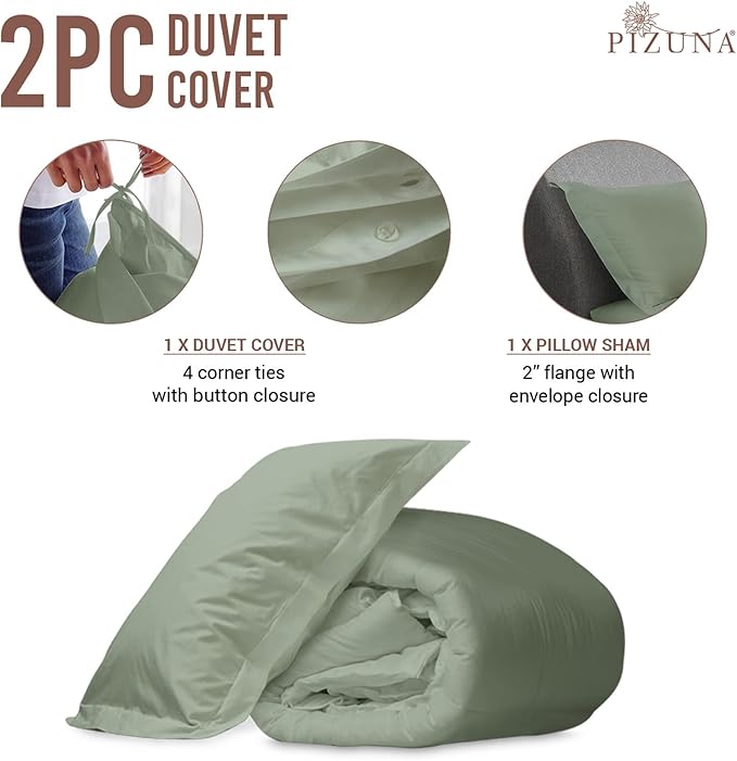 Pizuna Pure 100% Cotton Twin Duvet Cover Set, Luxurious 400 Thread Count Long Staple Cotton Sateen Weave with Button Closure (Combed Sea Foam Cotton Duvet Cover Twin)