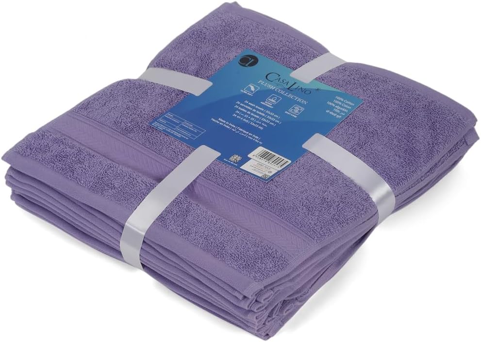 Casa Lino Face Towels & Body Wash Cloths for Showering - 100% Cotton Wash Cloths for Bathroom - Highly Absorbent & Quick Drying Washcloth Set - Cotton Washcloths 24 Pack (12" x 12") - (Purple)