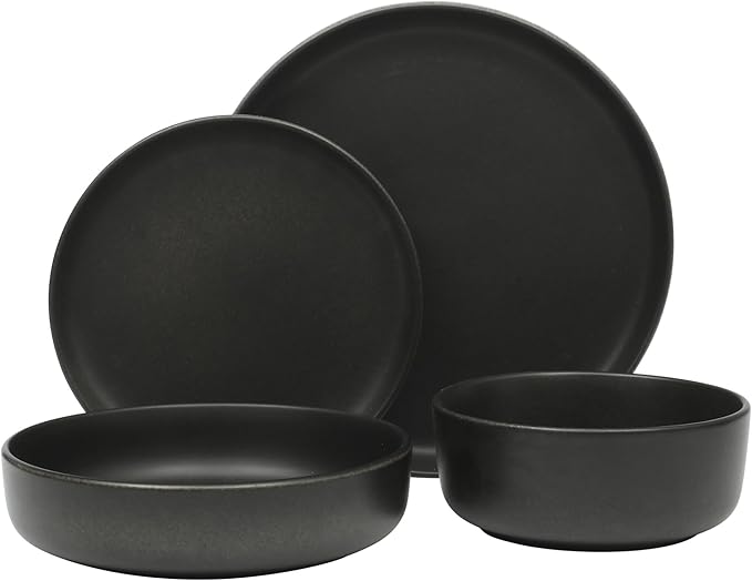 Gibson Elite Pasco 16 Piece (Service for 4) Plates and Bowls Double Bowl Reactive Glaze Dishes Stoneware Ceramic Dinnerware Set - Black
