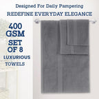Casa Lino Bath Towel Set of 8 (2 Bath Towels, 4 Wash Cloths & 2 Hand Towels for Bathroom) - 100% Cotton - Highly Absorbent & Quick Dry - Guest Room Essentials for Bathroom Set - (Charcoal Black)