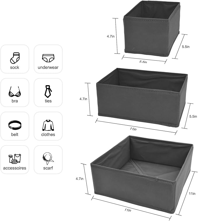 6 Pack Drawer Organizers for Clothing,Fabric Foldable Closet Organizers and Storage Dresser Drawer Dividers Storage Basket Bins for Clothes,Socks,Scarves,Ties,Underwear,Towels