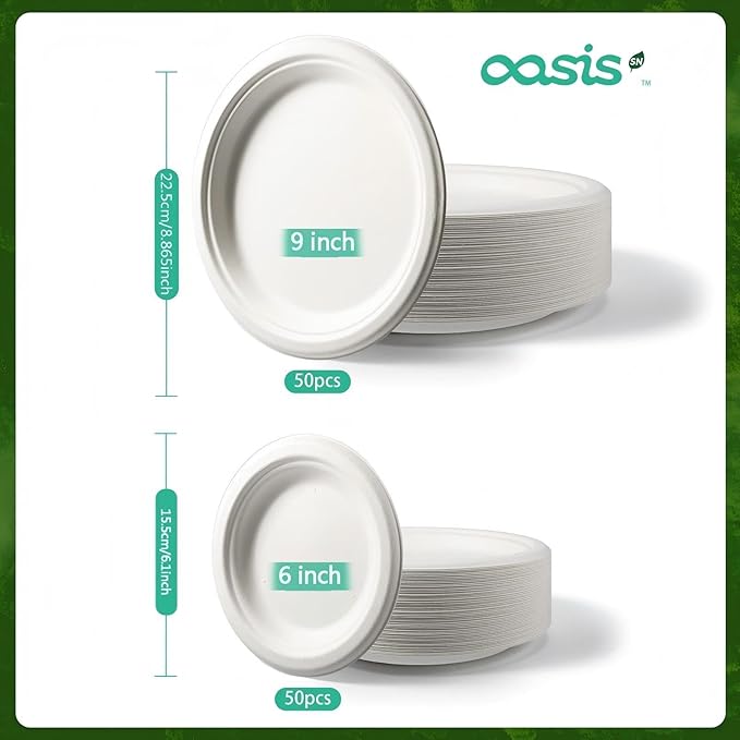 100-Pack Compostable Paper Plates Set – Includes 6" & 9" Heavy-Duty Sugarcane Plates (50 Each) – Eco-Friendly Disposable Plates for Meals, Snacks, and Parties-Natural (White)