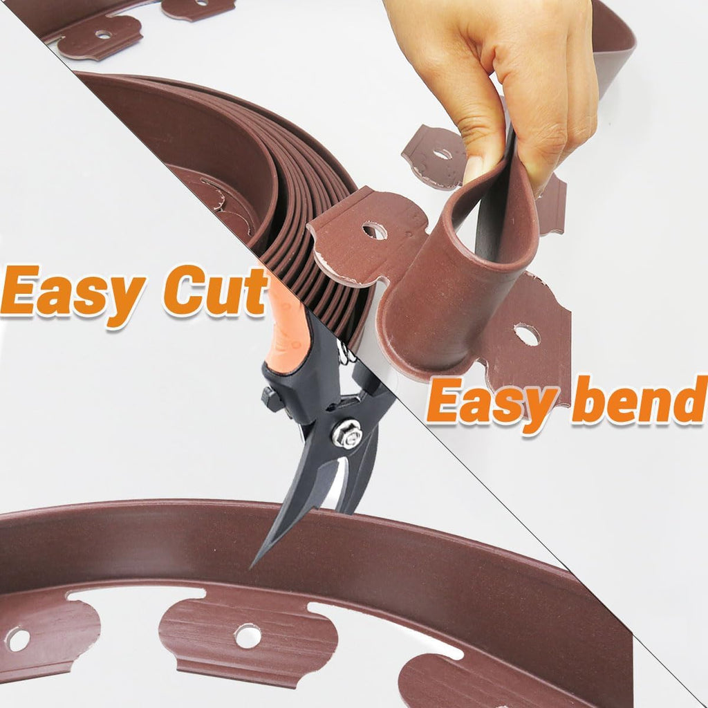 Landscape Edging Border, Plastic Edging for Landscaping, Garden Edging Border,Lawn Edging,Garden Borders,Flower Bed Edging no dig,Rubberific Landscape Edging, (Plastic Stakes, Brown-66Feet)