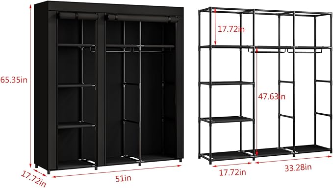 SORCEDAS Portable Wardrobe Closet Storage Organizer Metal Hanging Rack Non-Woven Fabric (Black, 51 Inch)