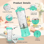 Mint Blue Personal Blender with 6 Blades, 20 Oz Travel Cup and Lid, USB Rechargeable for Shakes, Smoothies, Gym and Kitchen