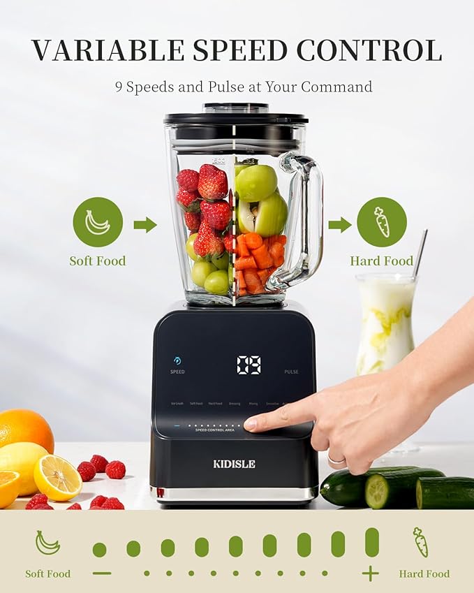 1200W Professional Smoothie Blender for Shakes, 52oz Glass Jar, Ice Crush, Puree, 9-Speed Touchscreen with Pulse & 7 Functions, Black