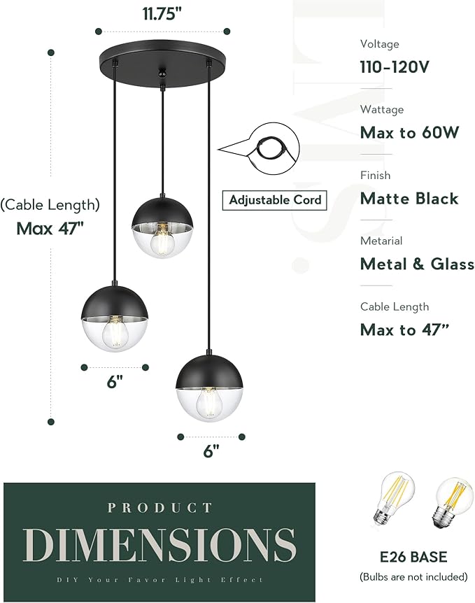 LMS Modern 3-Light Cluster Pendant Lights, Matte Black Kitchen Island Light Fixtures with Clear Globe Glass Shade, Adjustable Hanging Light for Bathroom Bedroom Dining Room Living Room, LMS-186BKC3