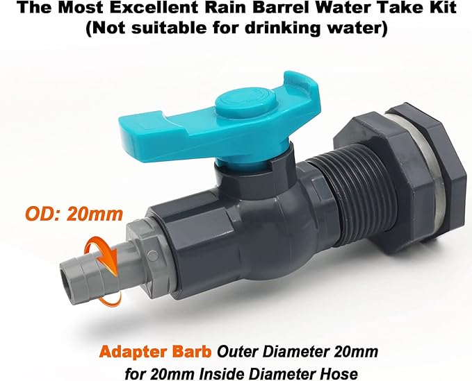 Rain Barrel Spigot PVC Faucet Kit Water Diverter Kit with Bulkhead Fitting, Ball Valve, Garden Hose Barb(20mm) Adapter, Pipe Clamps, Thread Tape, Hole Saw(for 20mm ID Hose)