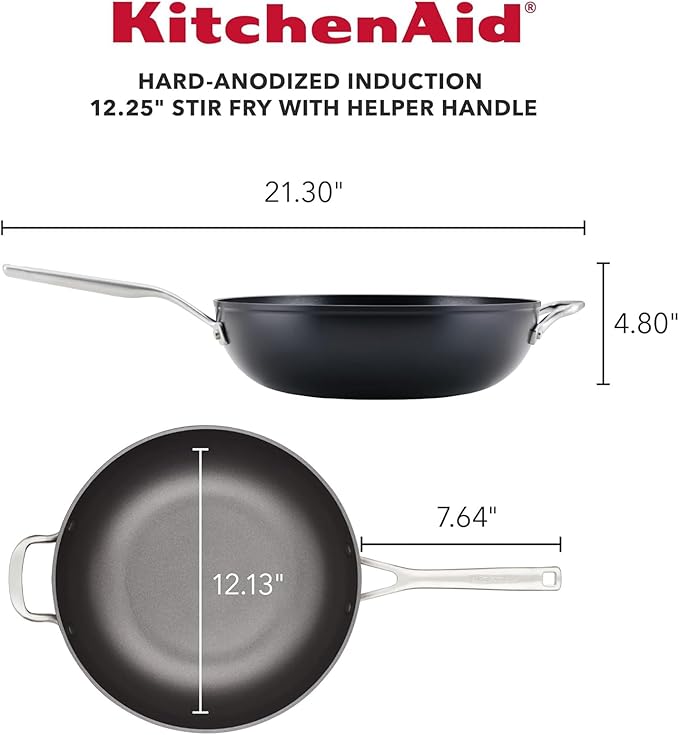 KitchenAid Hard Anodized Induction Nonstick Stir Fry Pan/Wok with Helper Handle, 12.25 Inch, Matte Black