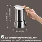 Uncoated 6 Cup Moka Pot 304 Thickened Stainless Steel Coffee Maker Stovetop Espresso Coffeemaker Italian Classic Style Brewing Greca Cafe Mocha Machine for Cafeteras Camping Travel Home 300ml 10oz
