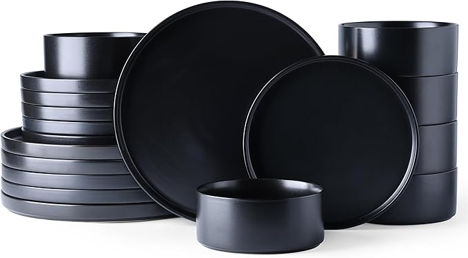 GBhome Ceramic Dinnerware Sets for 6, Matte Stoneware Plates and Bowls Sets,Chip and Scratch Resistant Dishes, Dishwasher & Microwave Safe, Oven safe,Reactive Glaze-Black