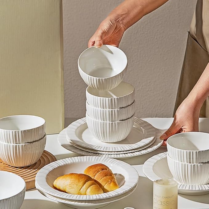 MDZF SWEET HOME 24-Piece White Ceramic Dinnerware Set - Rhine Series, Service for 6, Includes Bowls, Flat & Deep Plates, Microwave & Dishwasher Safe