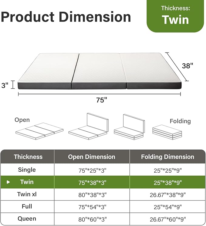 Folding Mattress 3in Twin Memory Foam Tri-Fold Futon with Washable Cover Foldable Floor Mat for Guest Bed, Camping, Yoga, RV Travel, White (Size: 38" L x 75" W x 3" Th)