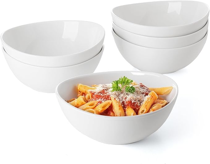 Sweese 7 Inch Porcelain 28 oz Bowls Set of 6, for Soup | Cereal | Pasta | Salad | Ramen | - Microwave, Dishwasher, and Oven Safe - White