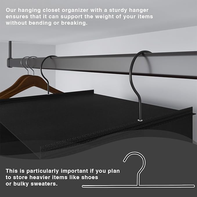 6-Shelf Hanging Closet Organizer with Drawers, Wardrobe Clothes Storage Foldable Portable Hanging Closet Shelves for Clothes Shoes, 47"x13.75"x12.25", Black