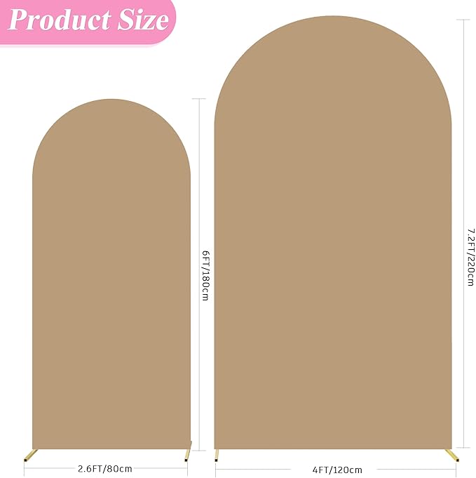 Fomcet Wedding Arch Cover 7.2FT, 6FT Khaki Spandex Fitted Fabric Arch Backdrop Covers 2 Set for Round Top Chiara Arched Backdrop Stand Cover for Wedding Birthday Party Baby Shower Decor