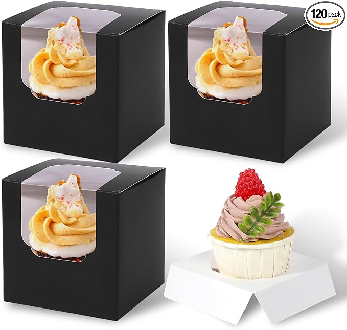 JCD 120 Boxes+120 Inserts Black Cupcake Boxes Individual Cupcake Container 3.5" x 3.5" x 3.5" Auto-Pop up Single cake Box for Bakery Gift Giving (Black/120Pcs)