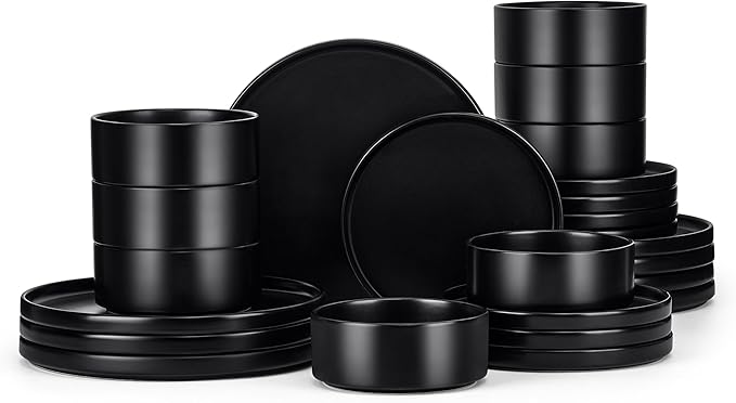 E-far Black Dinnerware Sets for 8, 24-Piece Stoneware Plates and Bowls Dish Set, Modern Kitchen Dinning Dishware, Chip and Scratch Resistant, Microwave & Dishwasher Safe, Matte Black