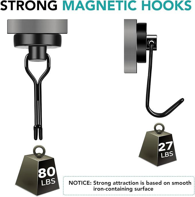 DIYMAG Black Magnetic Hooks, 80LBS Strong Magnetic Hooks Heavy Duty, Strong Magnet Hooks with Metal Hanger for Hanging Refrigerator Home Kitchen Office, 8Pack