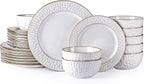 GBHOME Ceramic Dinnerware Sets, 24 pcs Embossed Elegant Stoneware Plates and Bowls Sets, Housewarming Wedding Gift | Dishwasher & Microwave Safe | Dishes Set Service for 8