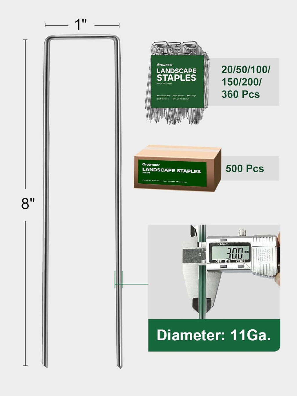 GROWNEER 8 Inch 50 Pack Landscape Staples Heavy Duty 11 Gauge Galvanized Steel Garden Stakes Securing Pegs for Securing Weed Fabric Landscape Fabric Netting Ground Sheets and Fleece