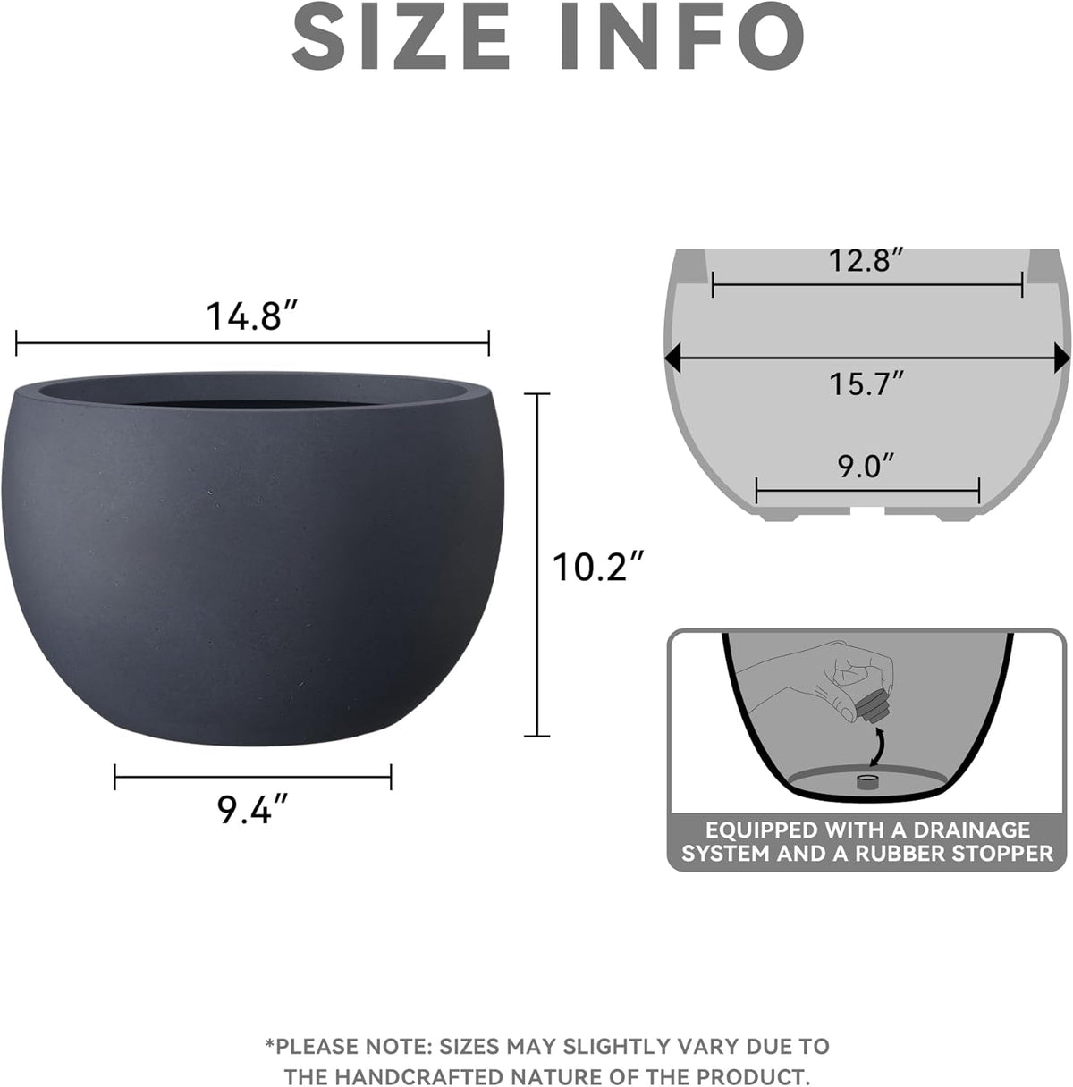 Kante 15.7" Dia Round Concrete Planter, Outdoor/Indoor Large Bowl Plant Pots with Drainage Hole and Rubber Plug for Garden Patio Balcony Home, Charcoal