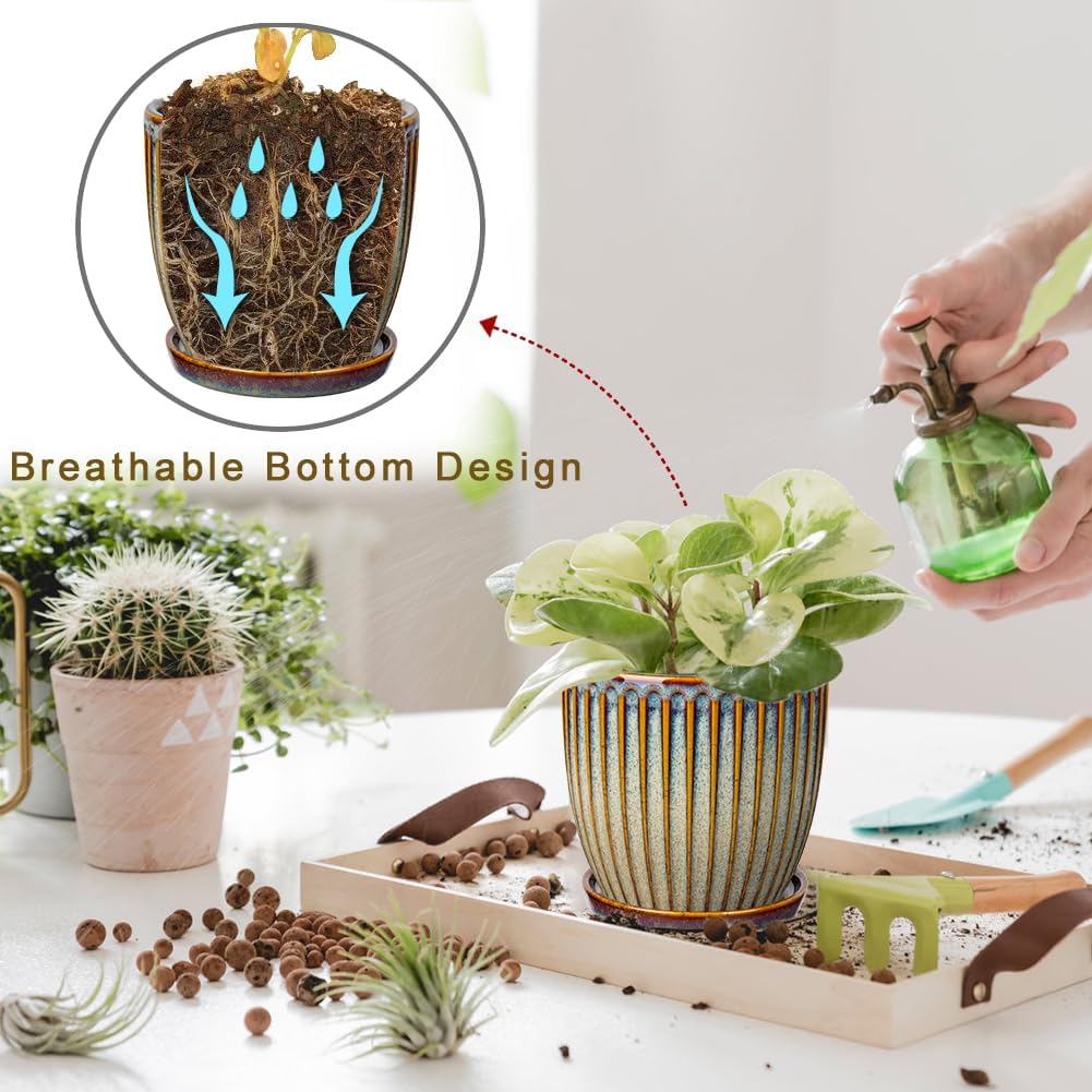 Oairse Ceramic Pots for Indoor Plants, 4.9 +5.7 inch Set of 2 Brown Plant Pots with Drainage Holes and Saucers Texture Ceramic Planters Indoor Outdoor Flower Planters for Succulent