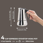 4 Cup 200ml Moka Pot Stainless Steel Espresso Coffee Maker Stovetop Percolator Coffeemaker Italian Classic Style Brewing Greca Cafe Mocha Machine for Cafeteras Lover Camping Travel and Home Use 6.6oz