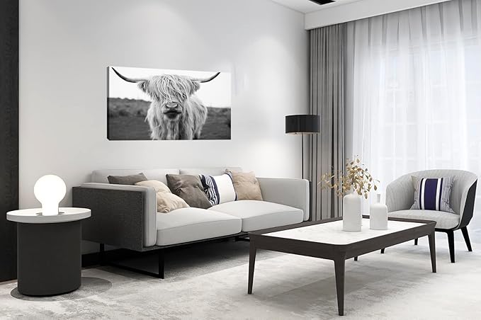 XXMWallArt FC3650 Highland Cow Canvas Art - Black and White Animal Wall Art for Living Room, Bedroom, Office Decor