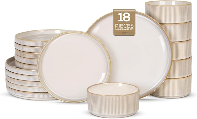 Romswi Ceramic 18Pcs Dinnerware Sets,Stoneware Plates and Bowls Set for 6, Chip & Scratch Resistant Ribbed Dish Set, Handmade Reactive Glaze, Oven, Microwave & Dishwasher Safe, Cappuccino White