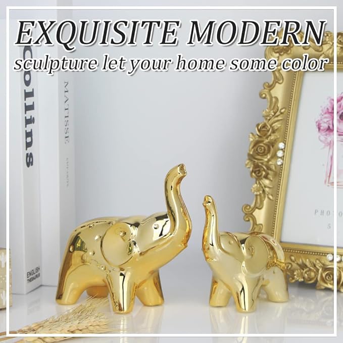 A Pair Elephant Statue Home Decor,Modern Style Figurines,Sculpture for Office Desktop Bookshelf Living Room (Ceramics Gold)