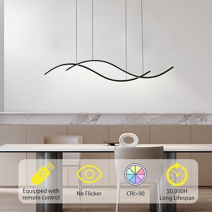 Modern Led Pendant Light, Dimmable Black Led Chandelier for Dining Room Light Fixture Over Table Creative Wave Pendant Light for Kitchen Island, Dining Room, Bedroom