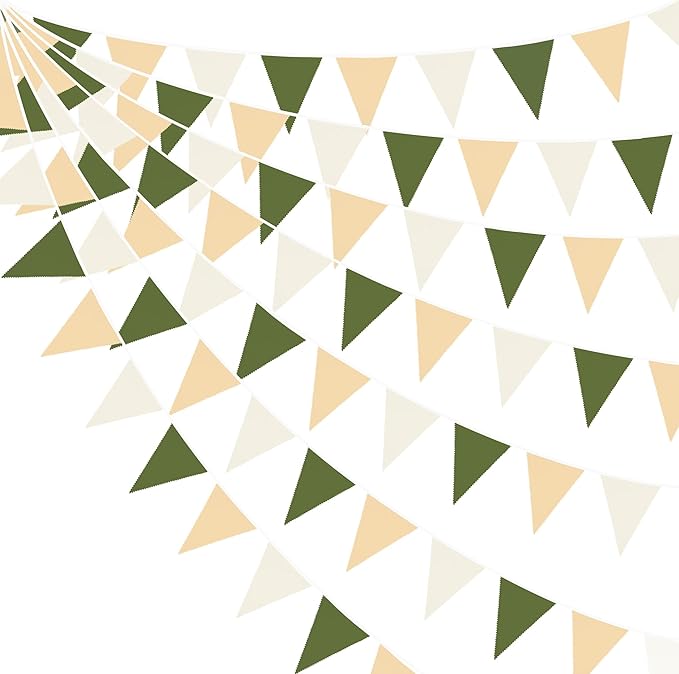 32Ft Sage Green Party Decorations Olive Green Tan Brown Cream Neutral Triangle Flag Fabric Banner Pennant Bunting Garland Streamers for Birthday Wedding Baby Shower Woodland Jungle Safari Party Decor