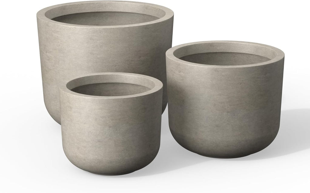 Kante 13",11",9" Dia Weathered Concrete Round Planters (Set of 3), Outdoor Indoor Modern Planter Pots, Lightweight, Weather Resistant, Seamless with Drainage Hole