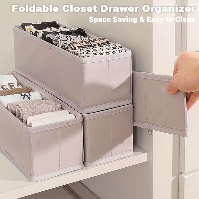 MURRI&MURRDI Mini Foldable Clothes Drawer Organizer 6 Pcs, Small Fabric Storage Organizer for Nursery, Sock, Underwear, Bra, Belt, Tie, Scarves, Gray
