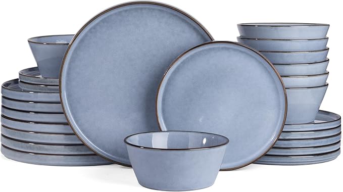 Famiware Plates and Bowls Sets, Annecy Stoneware Dinnerware Sets for 8, 24 Pieces Dish Set, Plate with Lip Edge, Reactive Glaze Tableware - Microwave & Dishwasher Safe, Reactive Blue