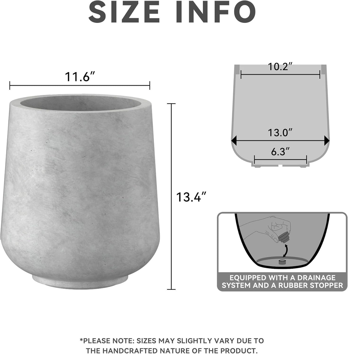 Kante 11.6" Dia Round Concrete Planter, Outdoor Indoor Large Plant Pots Containers with Drainage Hole and Rubber Plug for Home Garden Patio, Gray Concrete