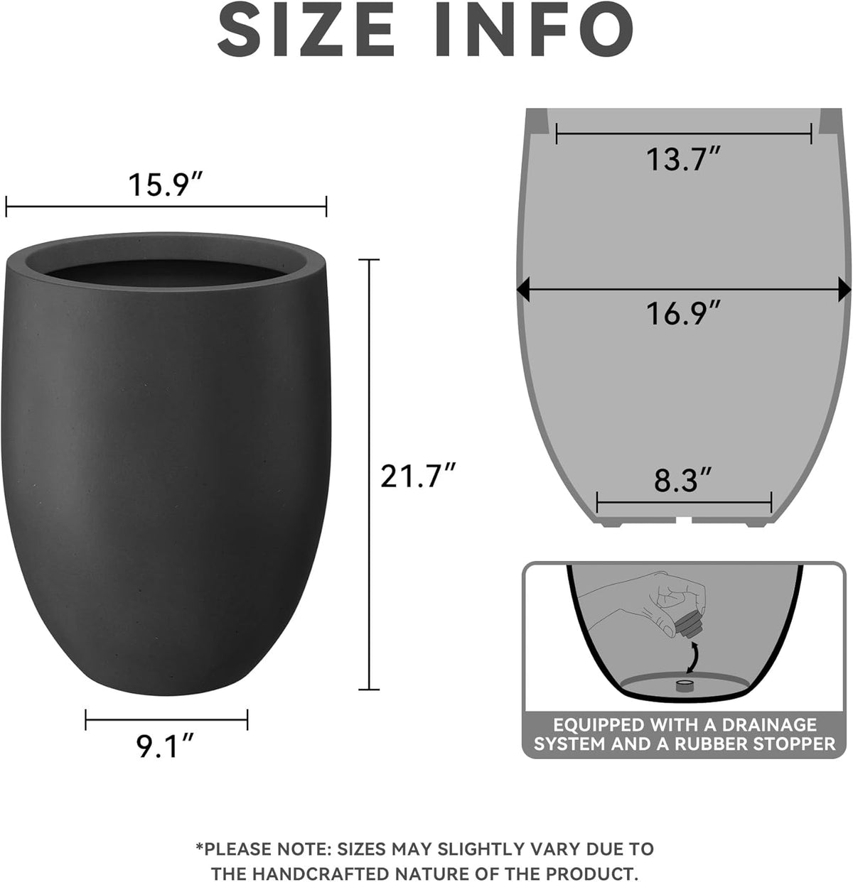 Kante 21.7" H Burnished Black Tall Planter, Large Outdoor Indoor Decorative Pot with Drainage Hole and Rubber Plug, Modern Round Taper Style for Home and Patio