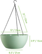 WOUSIWER 13 inch 2 Pack Large Hanging Planters for Indoor Outdoor Plants with Drainage Holes and Chain, Round Hanging Flower Pots for Garden Home Porch Decor, Green