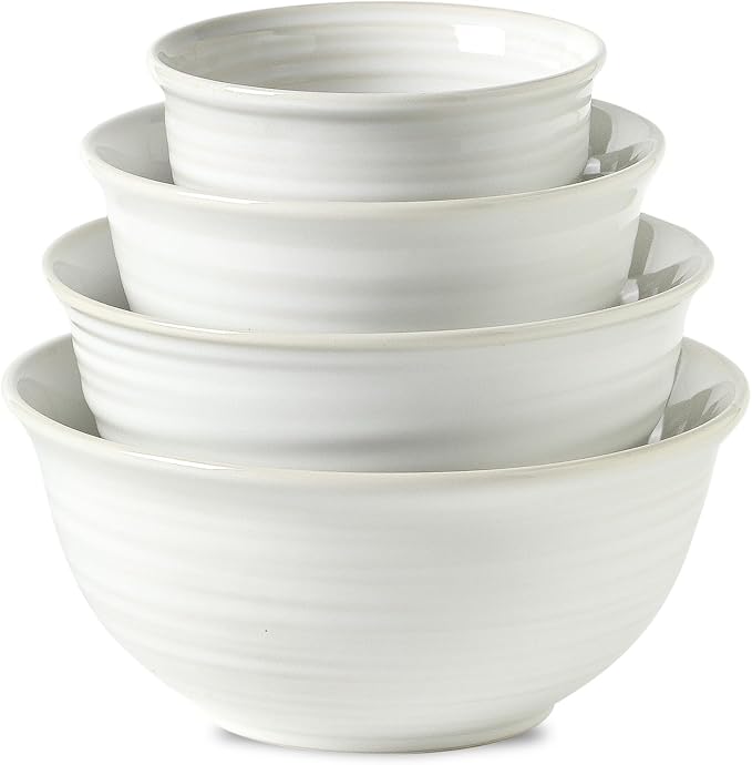 Hasense Ceramic Mixing Bowls, 2.1/1.5/1.0/0.5 Qt, Nesting Bowls for Cooking, Baking, Serving Dishes for Salad, Fruits, Popcorn, Dishwasher & Microwave Safe, Set of 4, Clay-Infused White