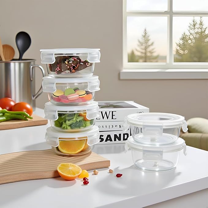 4Pack Round Glass Food Storage Containers With Lids, 1.5 Cup Round Meal Prep Bowls With Lids BPA-Free, Small Glass Food Containers for Soup Leftover, Microwave, Dishwasher, Freezer Safe