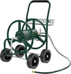 VINGLI 4-Wheel Garden Hose Reel Cart with Storage Basket, Portable Residential Hose Reel Cart, Lawn Watering, for Garden Backyard and Farm (Green 250FT)