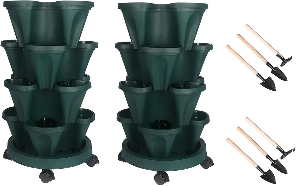Vertical Planter 4 Tier Stackable Planters Garden Planters Strawberry Herb Flower and Vegetable Planter Indoor Outdoor Gardening Pots with Removable Wheels and Tools 2-Pack