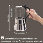 Clear Glass Moka Pot 6 Cup 350ml Stainless Steel Coffee Maker Uncoated Stovetop Espresso Percolator Coffeemaker Italian Classic Style Brewing Greca Cafe Mocha Machine for Cafeteras Camping Travel Home