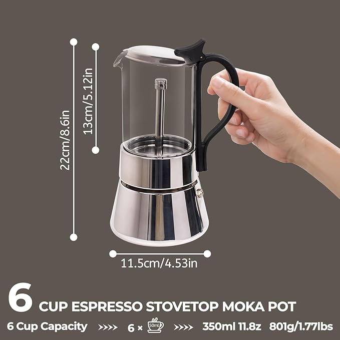 Clear Glass Moka Pot 6 Cup 350ml Stainless Steel Coffee Maker Uncoated Stovetop Espresso Percolator Coffeemaker Italian Classic Style Brewing Greca Cafe Mocha Machine for Cafeteras Camping Travel Home