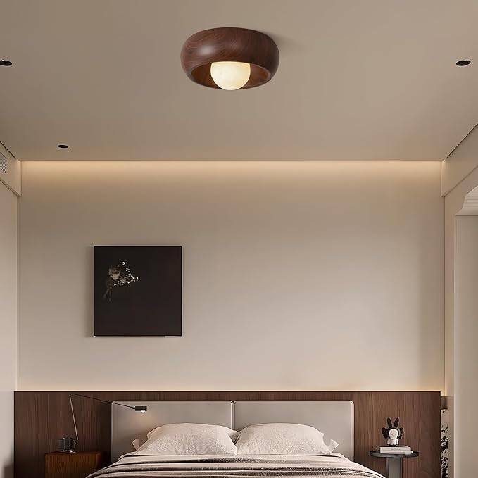 11.8 Inch Flush Mount Ceiling Light with 3D Printing Materials Moon Shade, Brown Imitation Wood Grain Modern Ceiling Light for Bedroom, Living Room, Hallway,Porch