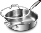 EWFEN 12 Inch Tri-Ply Stainless Steel Frying Pan, 5-Quart Deep Saute Pan with lids, PFOA&PTFE Free Skillet, Induction Cooking Pan, Dishwasher&Oven Safe,Works on All Cooktops