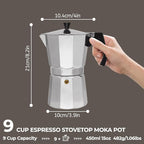 Aluminum 9 Cup 450ml Moka Pot Express Coffee Maker Stovetop Espresso Percolator Coffeemaker Italian Classic Style Brewing Greca Cafe Mocha Machine for Cafeteras Lover Camping Travel and Home Use 15oz