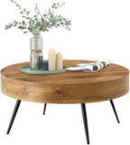 31.5'' Round Coffee Table for Living Room, Wood Texture Table Top, Black Metal Table Legs Tea Table for Dining Room Apartment Small Space (Brown)